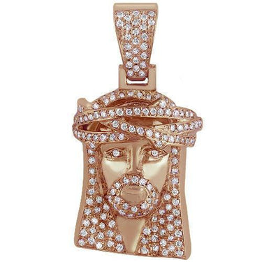 Rose 10K Solid Rose Gold Mens Jesus Head Pendant With Round Cut Diamonds 1.25 Ctw